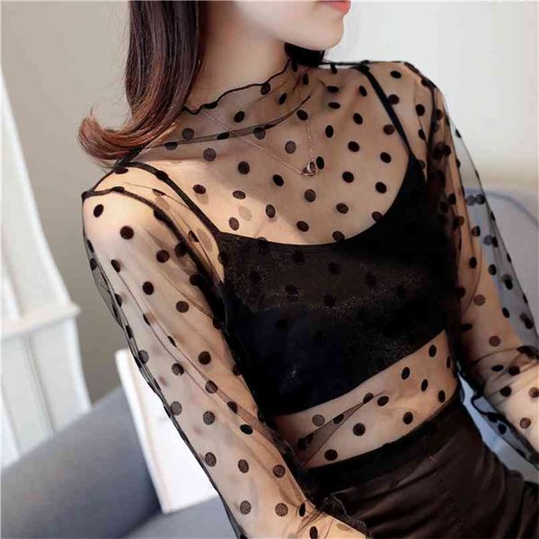 

spring summer women lace blouses shirt mesh see-through long sleeve black dot star striped blouse 210607, White