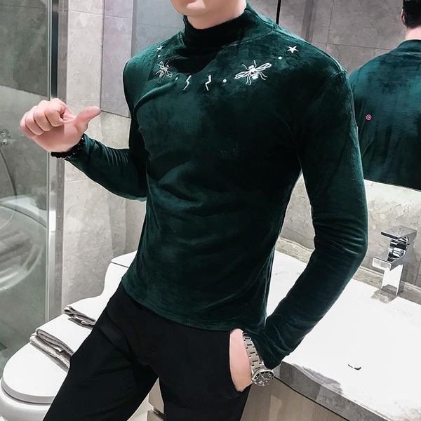 

men's t-shirts 2021 embroidery velvet t shirt men turtleneck long sleeve shirts tees casual slim hip hop social streetwear m-3xl, White;black