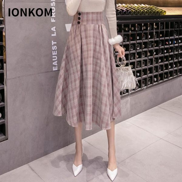 

skirts ionkom office lady plaid print flare high waist elegant midi skirt women button swing a line autumn casual, Black