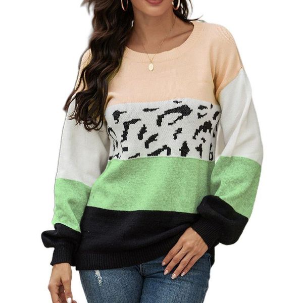 

women's sweaters women round neck knit sweater long sleeve leopard color block wide stripe tunic f42f, White;black