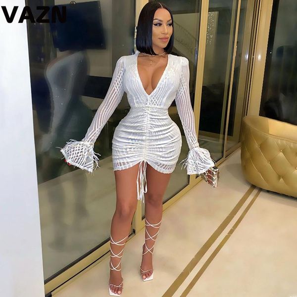 

casual dresses vazn 2021 heavy industry club elegant solid deep v-neck full sleeve bandage women high waist thin mini dress, Black;gray
