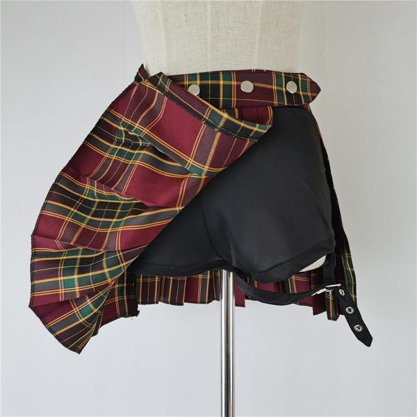 

women plaid pleated skirt high waist patchwork mini streetwear buckle female goth gothic punk skirts, Black
