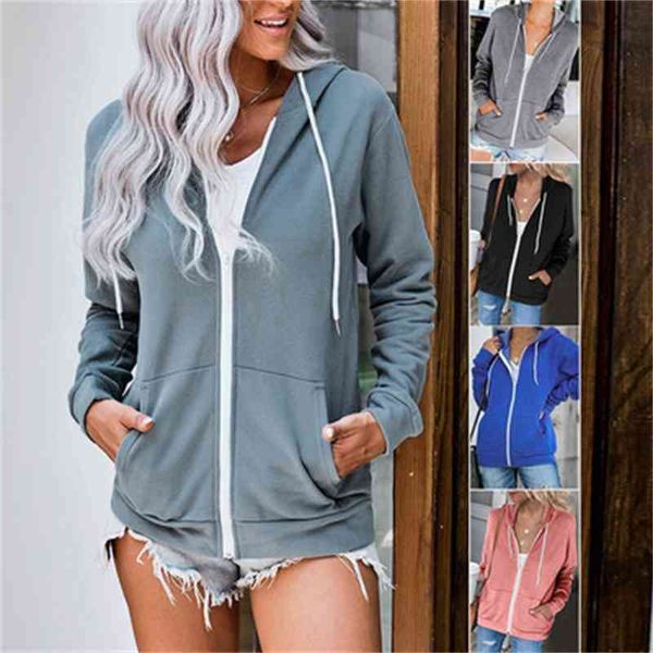 

aw2021 new solid color hoodie women's zipper side pocket loose coat, Blue;black