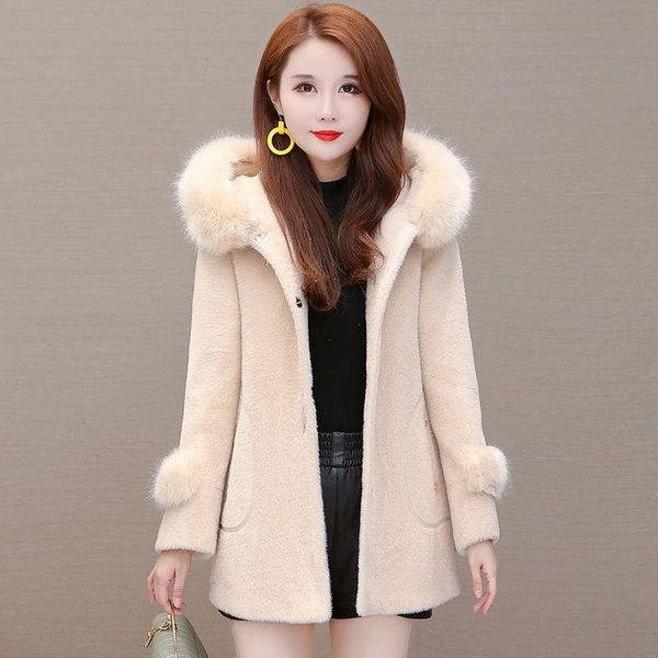 

women's wool & blends 2021 winter gold mink coat ladies short western-style woolen with hood and big fur collar, size m-3xl, Black