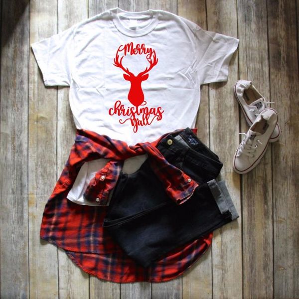 

women's t-shirt funny slogan gift deer merry christmas yall graphic causal shirt aesthetic camisetas tumblr party style tee, White