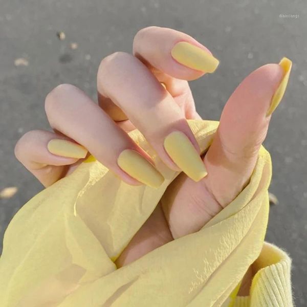 

24pcs/box full cover fake press on nails matte yellow pure acrylic frosted ballerina for women and girls false1, Red;gold
