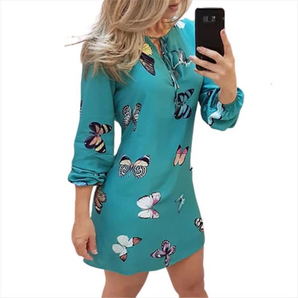 

sweet butterfly print womens dress plus size fashion casual lantern sleeve v neck thin mini autumn vestidos, Black;gray