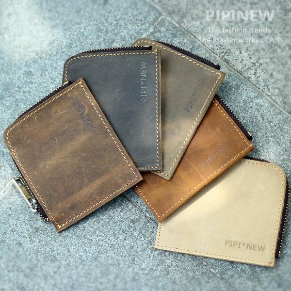 

wallets retro handmade card bag genuine leather wallet cowhide crazy horse zipper coin, Red;black