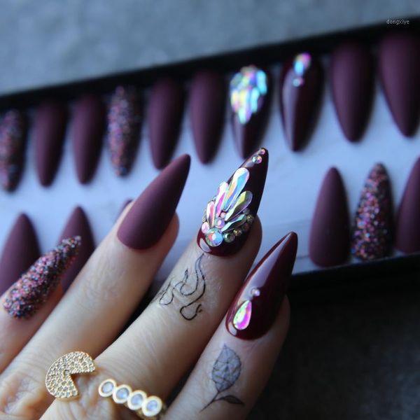 

matte burgundy false nails stiletto galore queen crystal coffee glitter design fake press on hand made with box1, Red;gold