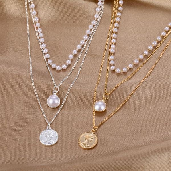 

chokers geometric portrait pendant choker mulailayer necklace coin pearl love necklaces for women punk jewelry, Golden;silver