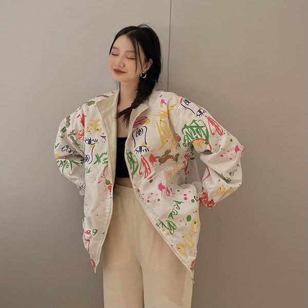 

women 2021 fashion loose double-sided graffiti jacket coat vintage high neck long sleeve female outerwear chic harajuku women's jacket, Black;brown