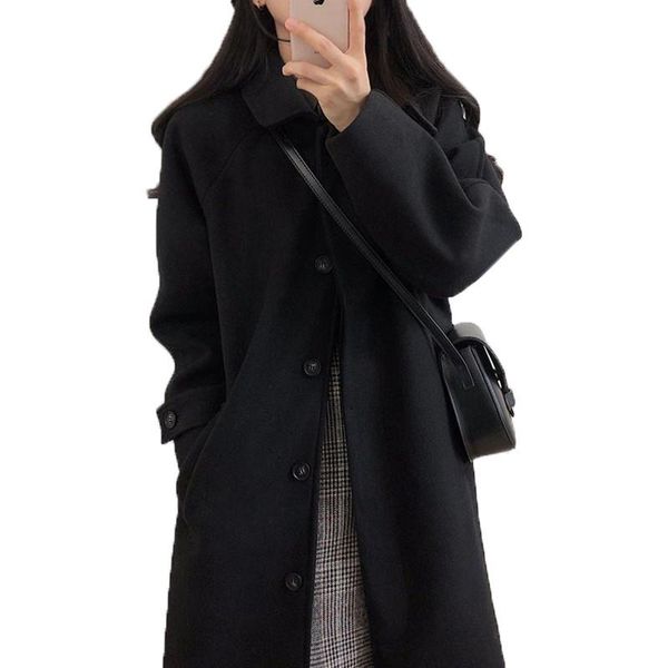 

women's wool & blends fashion black woolen coat 2021 autumn winter jackets thick temperament cashmere mid-length overcoats f10