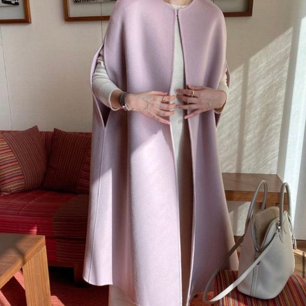 

women's wool & blends [ewq] 2021 autumn spring female woolen mantel over knee shawl o neck loose sleeveless minimalist overcoat japanes, Black