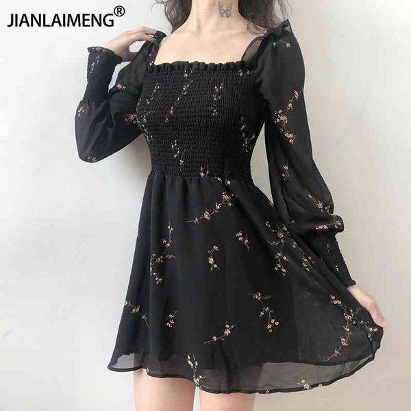 Herbst Damen sexy schwarzes Kleid Vintage Blume Langer Puffhülsen Chiffon Kleider Koreaner lässig Mini Vestidos Mujer Kleidung 210325