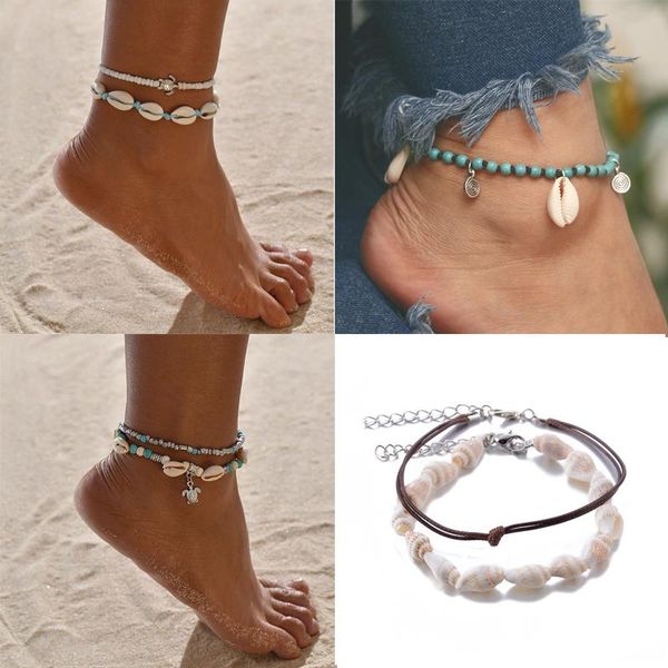 

anklets bohemian shell ankle bracelets foot jewelry handmade on leg female leather for women summer beach barefoot set chain, Red;blue