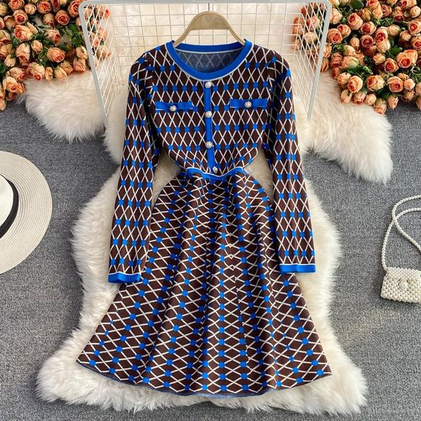 

casual dresses singreiny women jacquard knitted dress korean fashion long sleeve o neck a-line 2021 autumn streetwear sweater, Black;gray