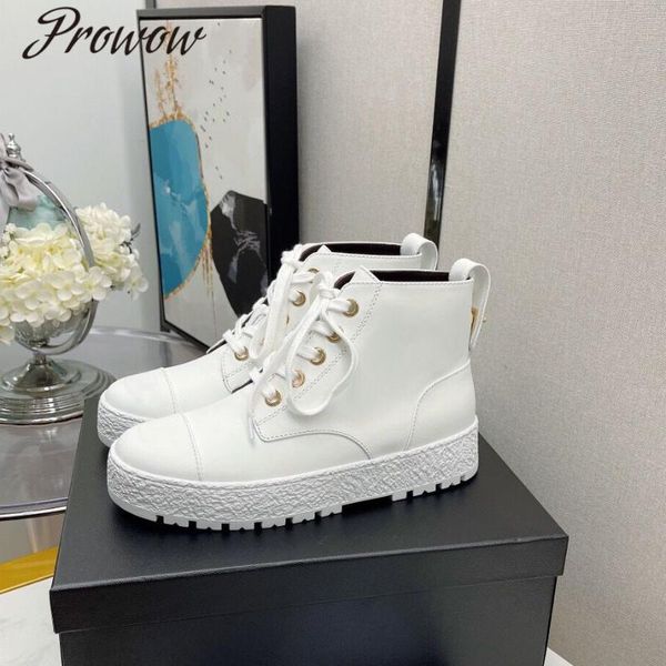 

boots prowow soft leather lace up ankle round toe platform designer botas mujer shoes women, Black