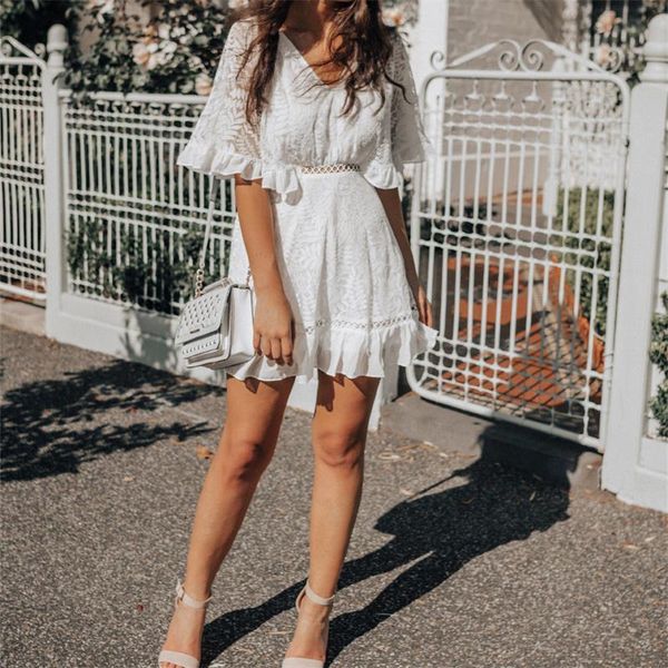 

casual dresses women summer v-neck short sleeve dress lace ruffles hollow out floral high waist white pleated 2021, Black;gray