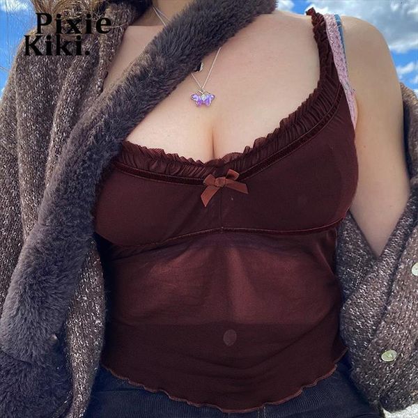 

brown mesh see through women cami crop fairy grunge aesthetic clothes y2k ladies summer tank p68 bz10, White