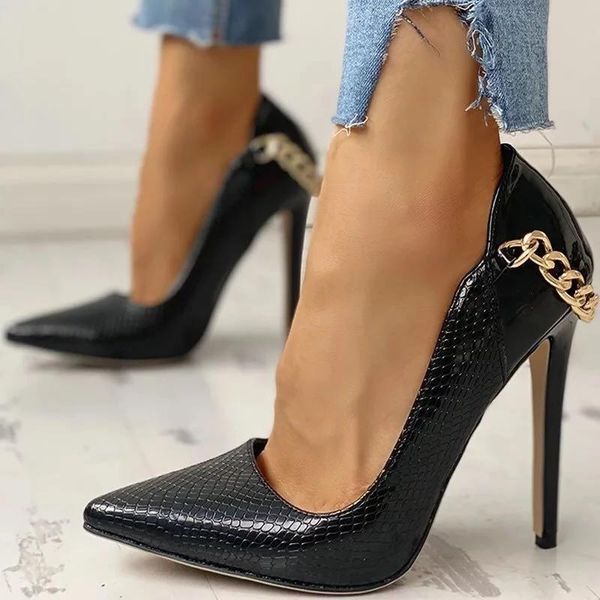 

sandals women fashion heeled metal chain elegant silk design high heels leopard pointed toe party wedding shoes ladies, Black