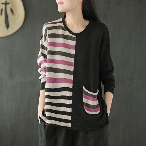 

women's sweaters fairynatural ladies vintage knitting sweater spring winter women panelled pocket casual 2021 full sleeve, White;black