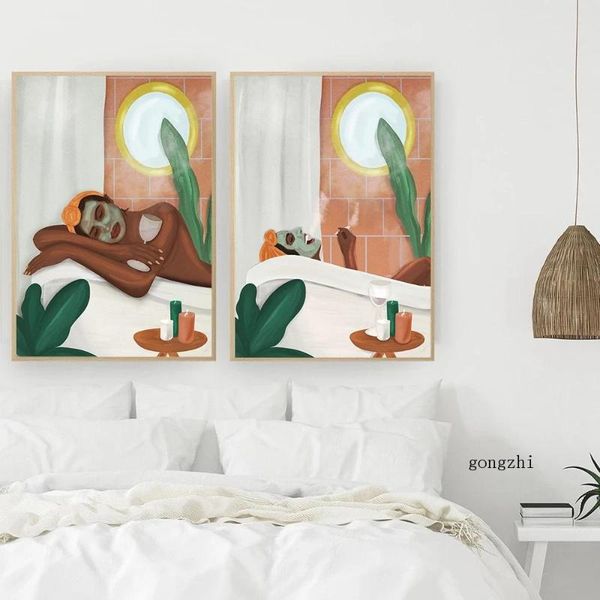 

paintings boho girl mask take a bath bathtub bathroom life posters canvas painting and prints wall art pictures for toilet bedroom decor