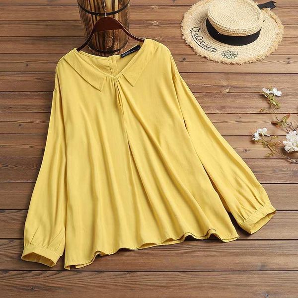 

women's blouses & shirts fashion zanzea 2021 casual long puff sleeve blouse female autumn o neck tunic solid blusas chemise plus size, White