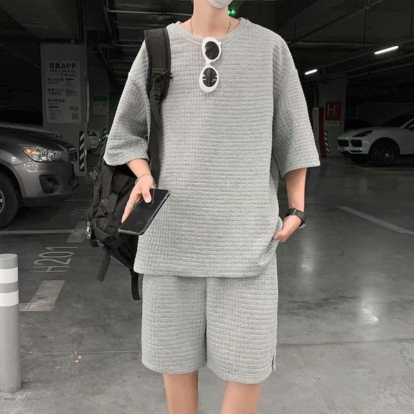 

men's tracksuits short-sleeved t-shirt suit summer style hong kong loose casual wild waffle shorts tide brand compassionate men, Gray