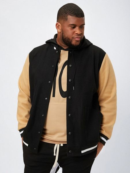 

extended sizes men striped trim colorblock slant pockets bomber jacket o7x9#, Black;brown