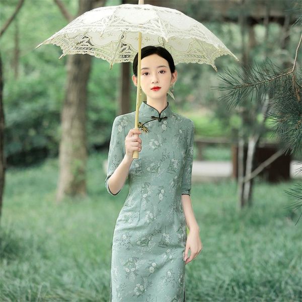 Roupas étnicas Elegante Vestidos Melhorado Qipao Sexy Slim Mandarim Collar Cheongsams Vintage Tradicional Vestido Chinês Mulheres Slit Slit