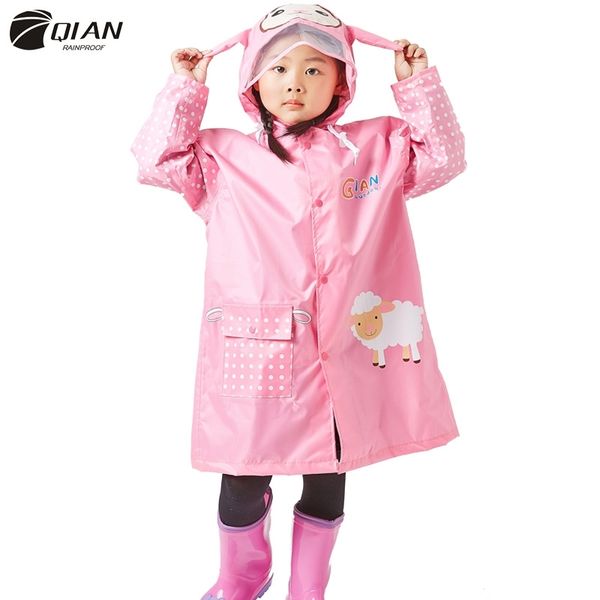 Qian 3-10 yaşında çocuklar yağmurluk su geçirmez erkek kız kapüşonlu yağmur ceket karikatür kollu okul turu renkli yağmur panço takım elbise 210320