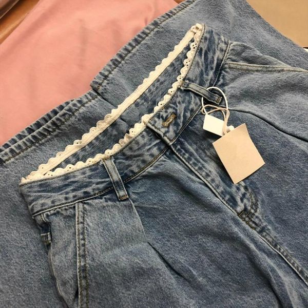 

high waist lace edged women jeans autumn wide leg loose pants aesthetic straight slim denim baggy flared femme sweet, Blue