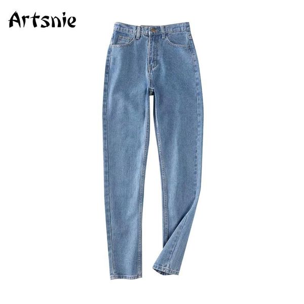 

artsnie blue casual denim pants women high waist pockets boyfriend straight long female winter 2021 vintage sweet jeans women's