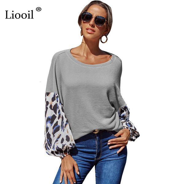 

shorts casual loose leopard print shirt women lantern sleeve o neck female autumn winter clothes streetwear pullovers and blouses, White;black