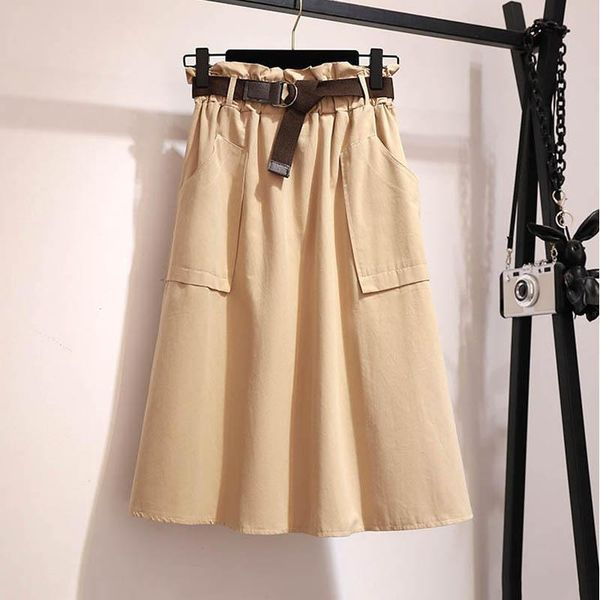 

skirts ohryiyie korean fashion midi long 2021 summer women knee-length with sashes pockets female casual sun school skirt, Black