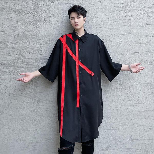

men's casual shirts summer ribbon splice short sleeve loose oversize streetwear hip hop gothic vintage shirt male long dress, White;black