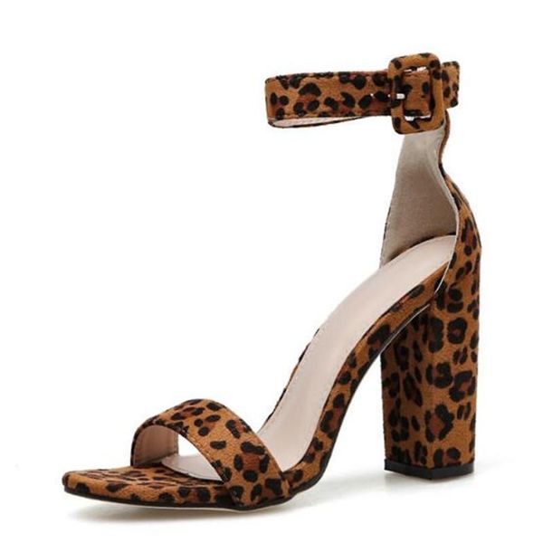 

women sandals high heels summer brand woman pumps round toe flock 11.5cm thick buckle strap leopard shoes, Black