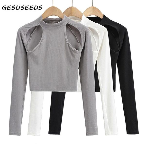 

women's t-shirt spring long sleeve t shirt women shirts knitted black turtleneck slim hollow out ribbed solid crop white