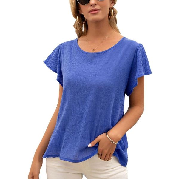 

women's t-shirt 066c women ruffles short sleeves t-shirts crew neck hollow out backless lace-up bow solid color casual loose blous, White