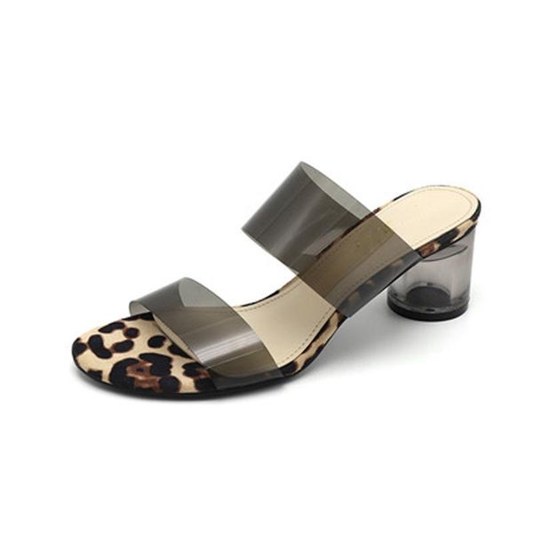 

summer female transparent mules shoes women open toe leopard block clear heels slippers sandals 2021 fashion outdoor slides, Black