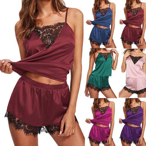 2021 nuovo stile donna donna set esotici pizzo patchwork indumenti da notte lingerie camicia da notte completo set pigiama donna senza maniche slip moda calda