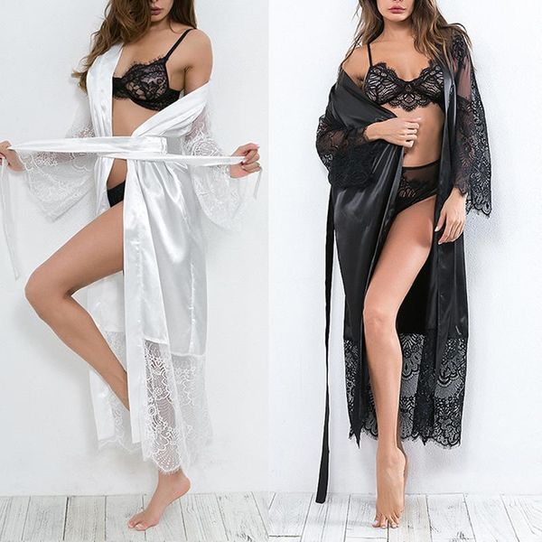 

women's sleepwear silk long wedding bride bridesmaid robe women floral bathrobe kimono, Black;red