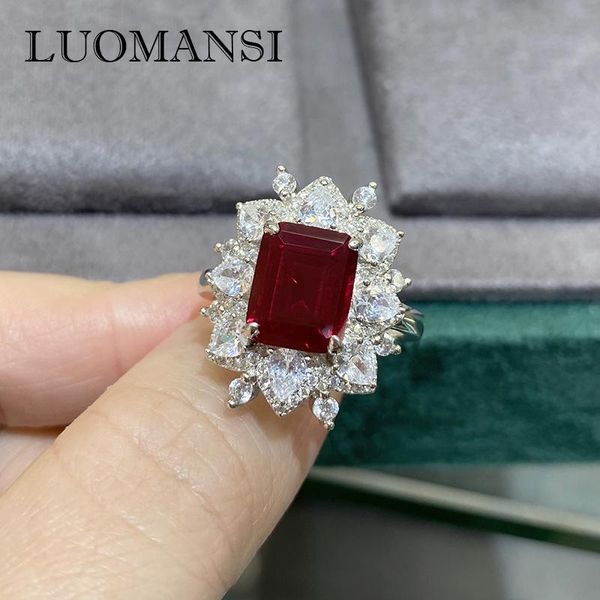 

cluster rings luomansi square natural ruby gemstone wedding engagement ring woman 100%-s925 sterling silver high jewelry accessories, Golden;silver