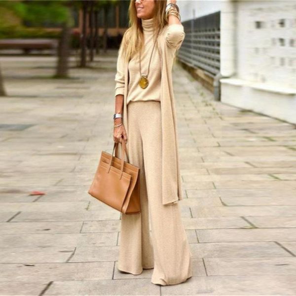 

women's two piece pants winter loose warm knitted pajama outfits women fashion turtleneck pullover and suits autumn simple solid lady s, White