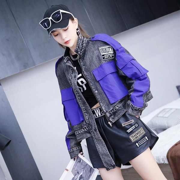 

women's spring jackets with pattern 2021 denim jacket lady oversized jean coats plus size short outwear patchwork xc392, Black;brown