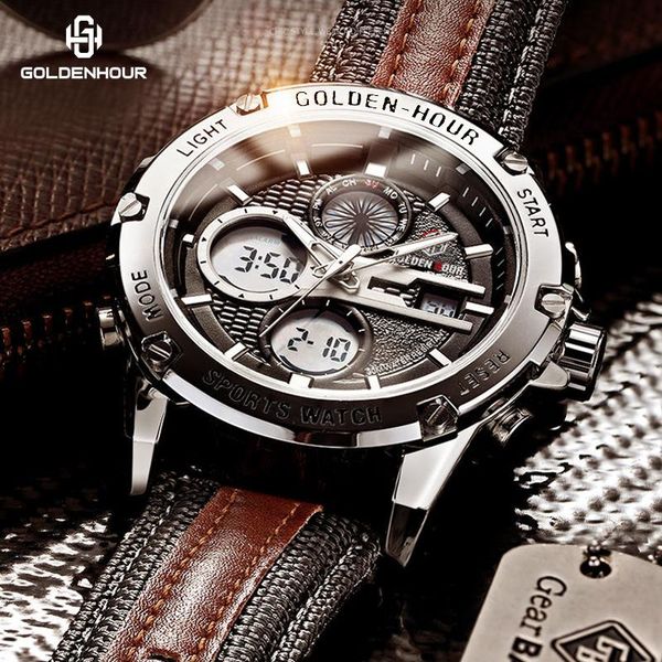 

wristwatches golden hour brand fashion men quartz watch led display for men's sports watches gift, Slivery;brown
