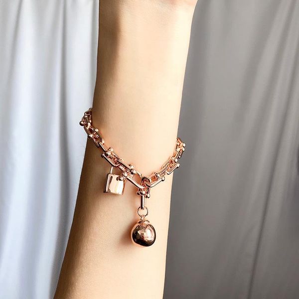 

link, chain copper plated single circle bracelet personalized hanging ball lock bangle charming jewellery gift for women and girls lb, Black