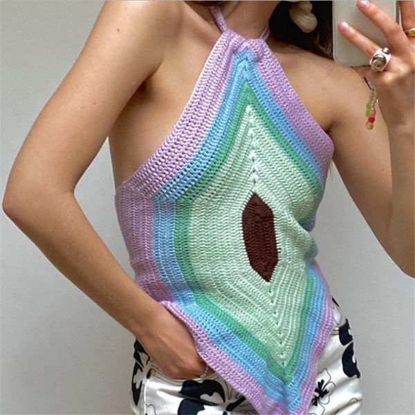 

women's tanks & camis 2021 y2k women knitted halter sleevelss crop club party backless chic t-shirt skinny tank summer beach vest, White