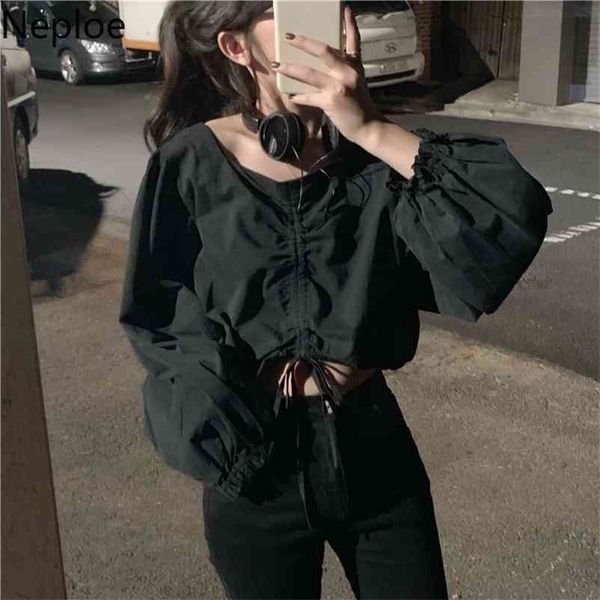 

drawstring pleated blouse women spring solid square collar puff sleeve blusa shirts fashion casual female 1b650 210422, White