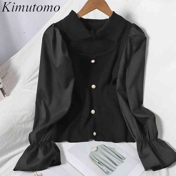 

kimutomo elegant patchwork knitted blouse women hollow out turn-down collar single breasted long sleeve chic spring 210521, White